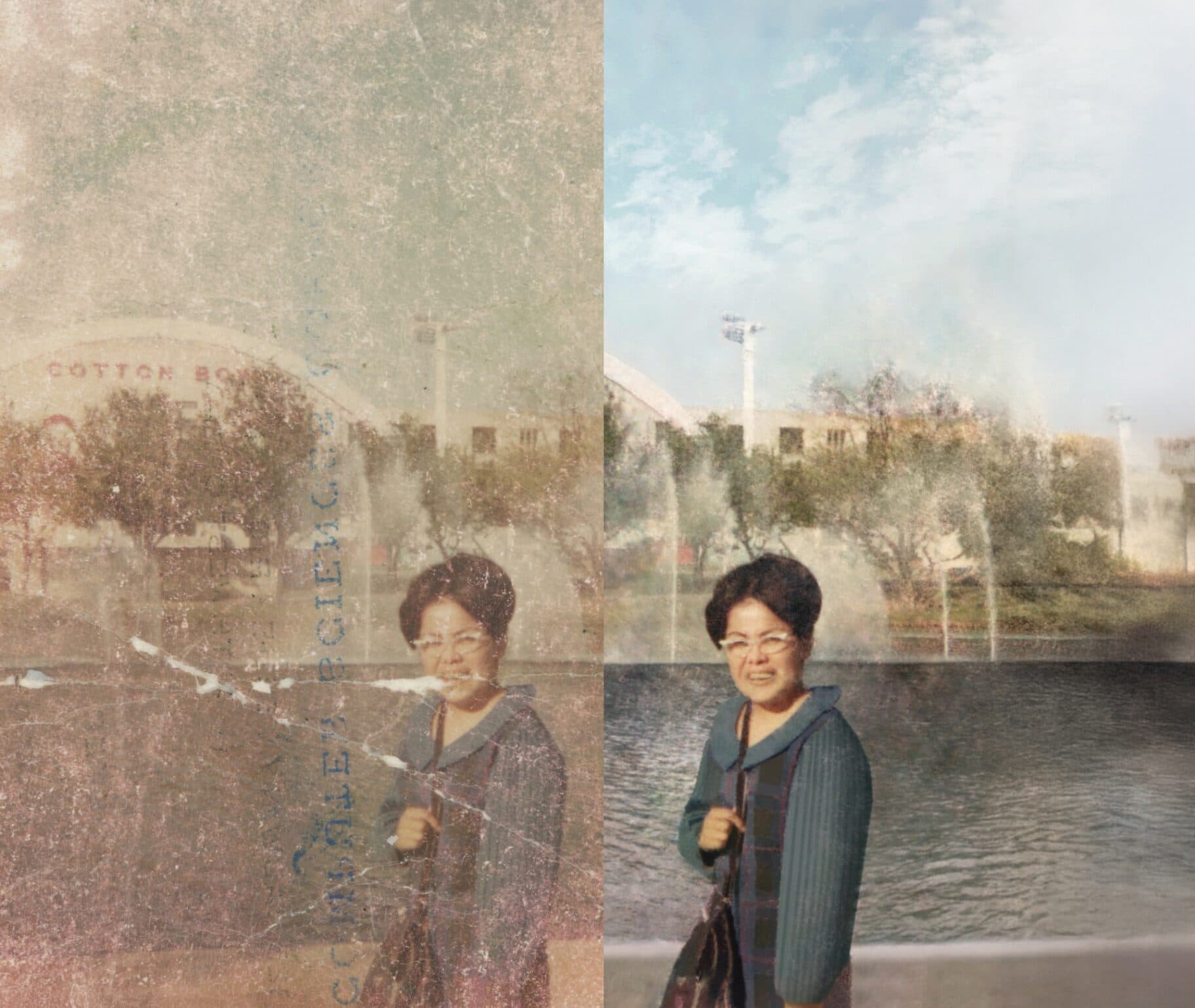 Before and after professional photo restoration of a damaged vintage photograph